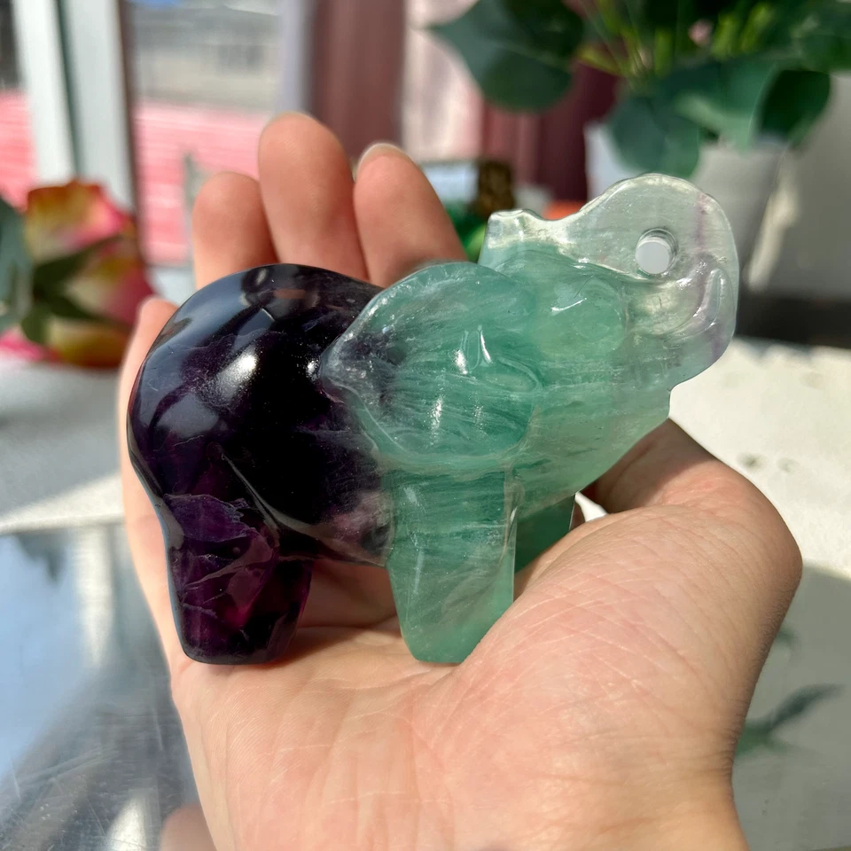 440g Natural fluorite handcarved quartz crystal elephant carving healing