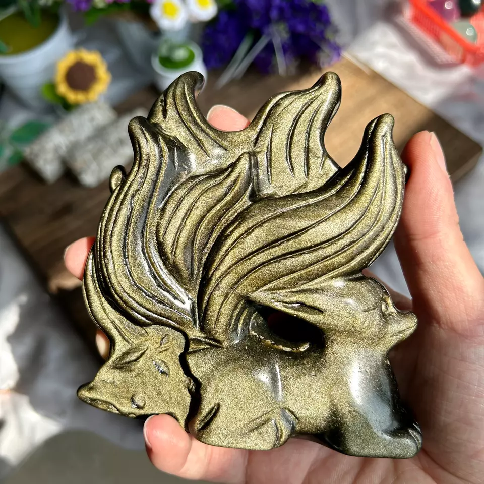 480g Natural Golden Obsidian Hand Carved Nine-tailed Fox Crystal Reiki healing