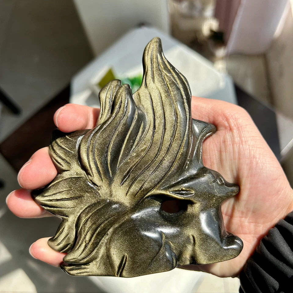 335g Natural Golden Obsidian HandCarved Nine-tailed Fox Crystal Reiki healing