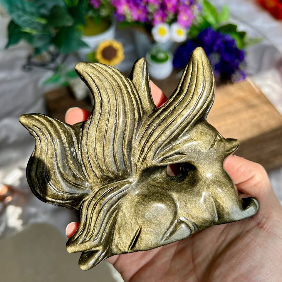 485g Natural Golden Obsidian Nine-tailed Fox Carved Quartz Crystal Skull Healing