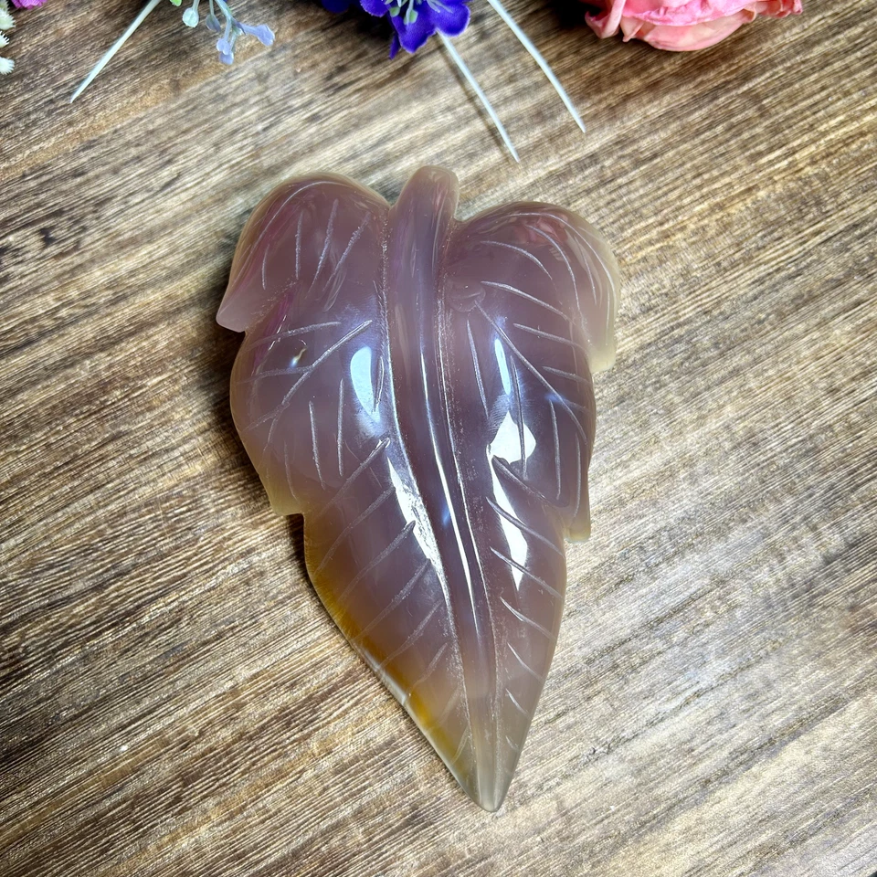 490g Natural Polished Agate Quartz Crystal Hand Carved leaf carving