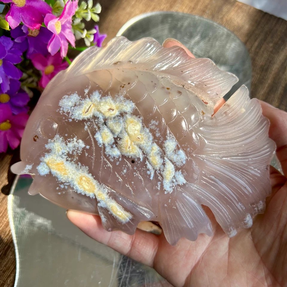 425g Natural Druzy agate geode Hand Carved Quartz crystal fish Healing Decor
