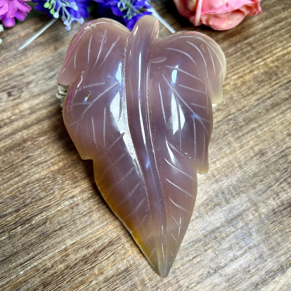 490g Natural Polished Agate Quartz Crystal Hand Carved leaf carving