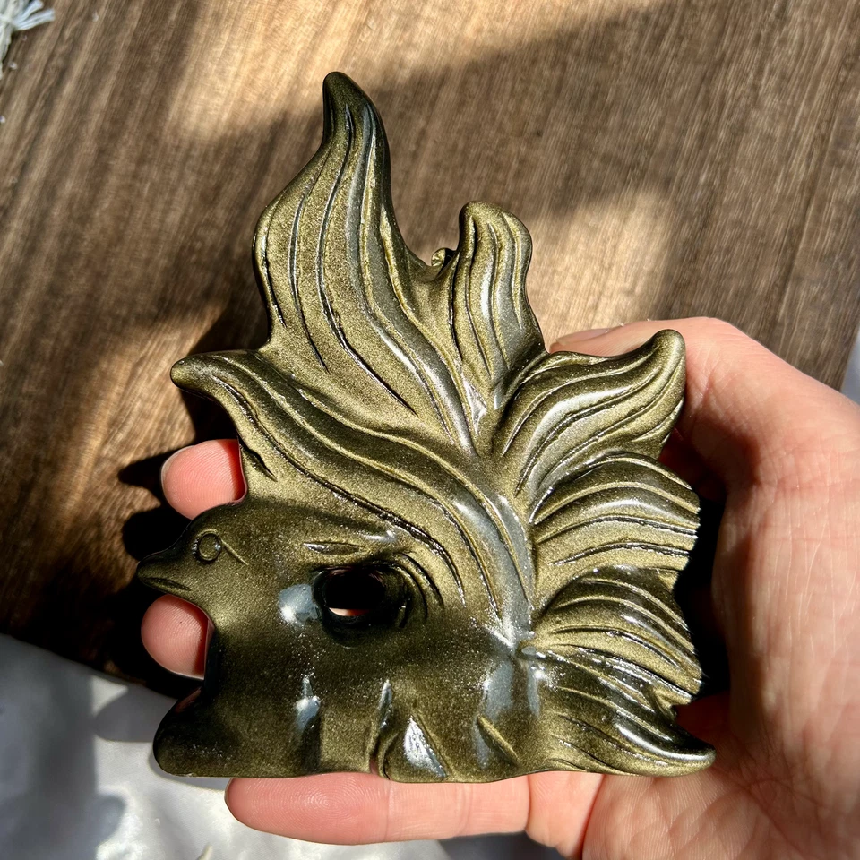 335g Natural Golden Obsidian HandCarved Nine-tailed Fox Crystal Reiki healing