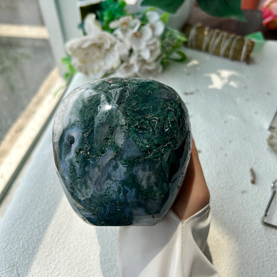 Natural Moss Agate Quartz Crystal Stone HandCarved Skull Reiki Healing 1745g