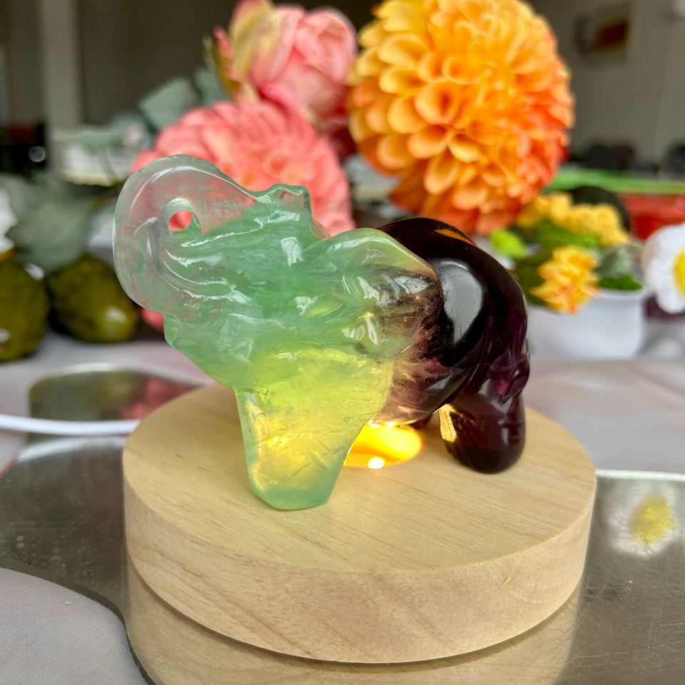 440g Natural fluorite handcarved quartz crystal elephant carving healing