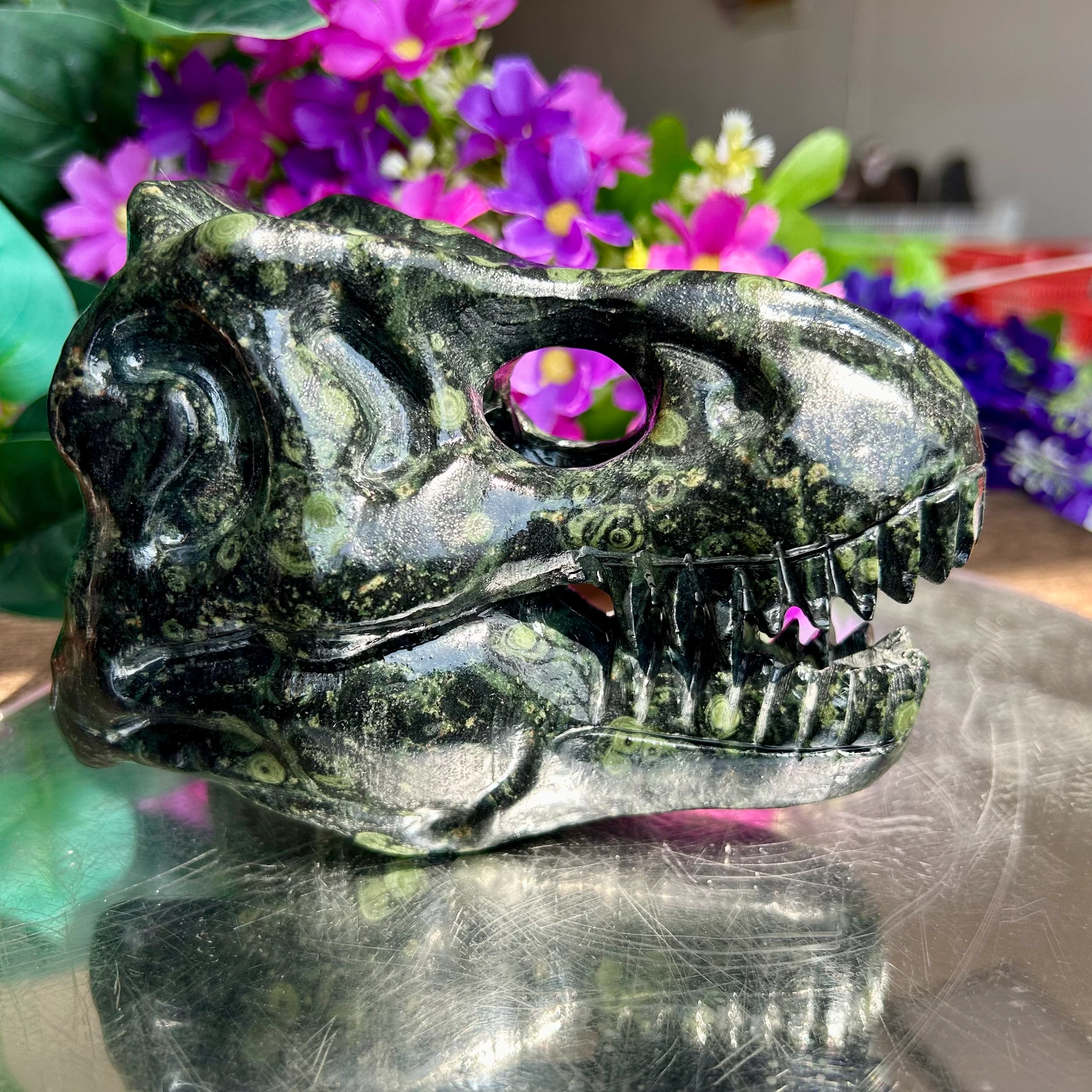 645g Natural Kambaba Jasper hand-carved dinosaur skull quartz crystal healing