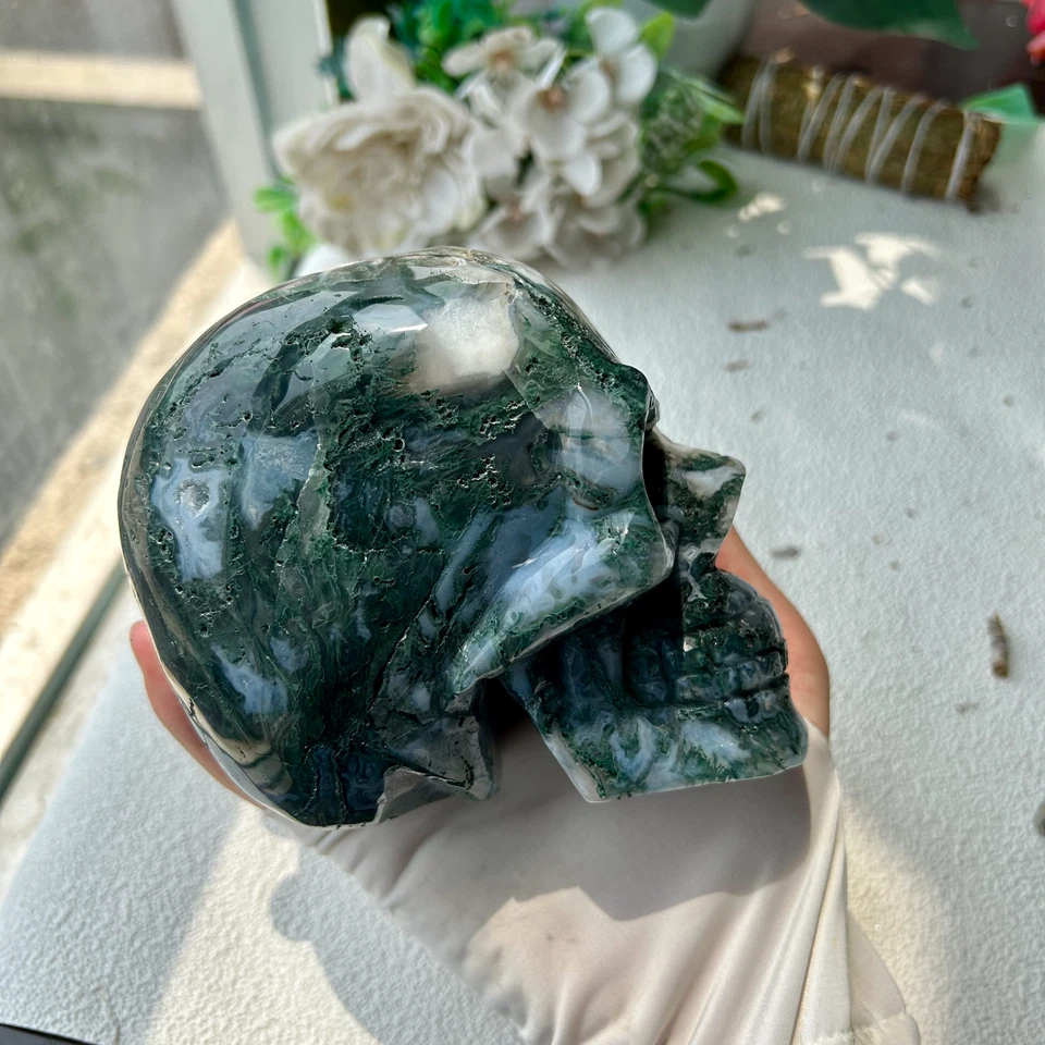 Natural Moss Agate Quartz Crystal Stone HandCarved Skull Reiki Healing 1745g