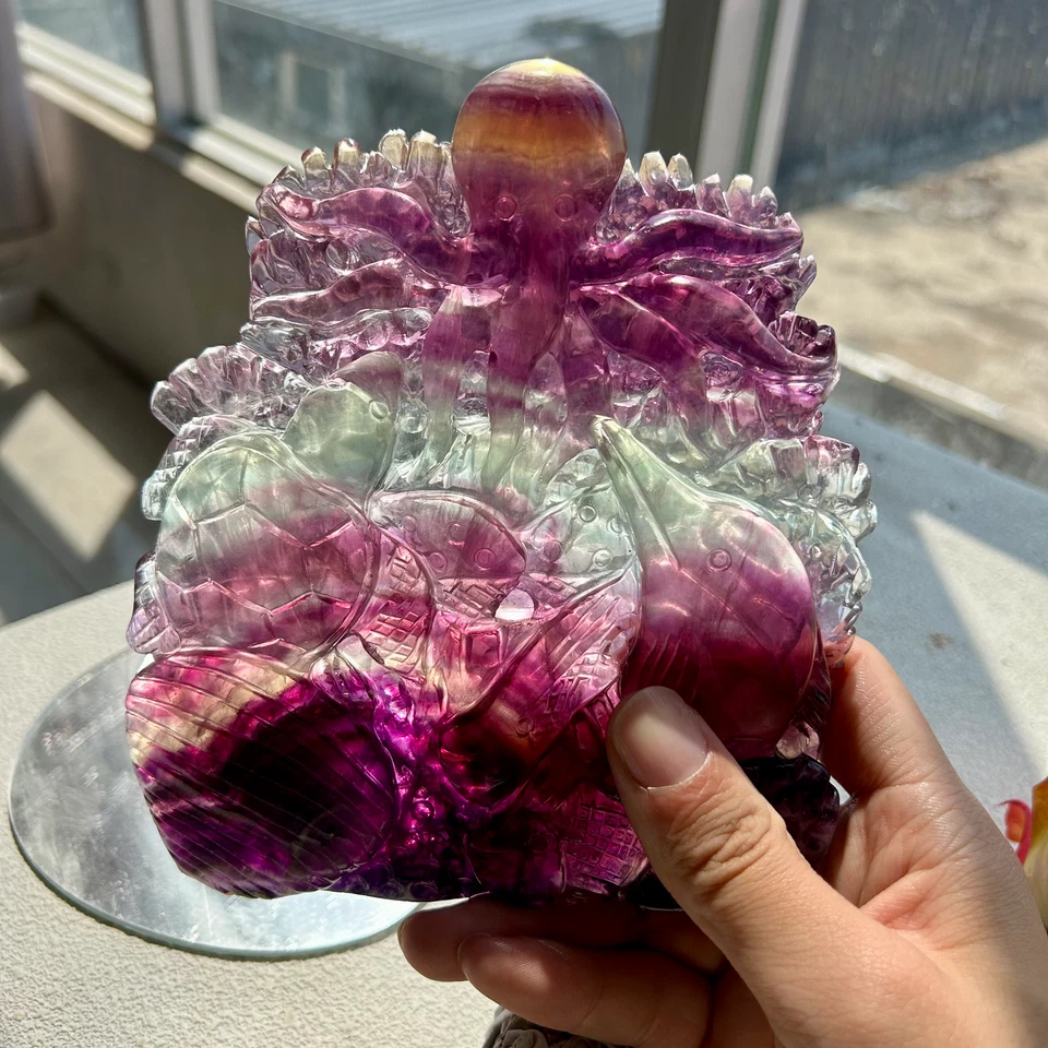 905g Natural Rainbow Handcarved fluorite Crystal animal carving Home Decor