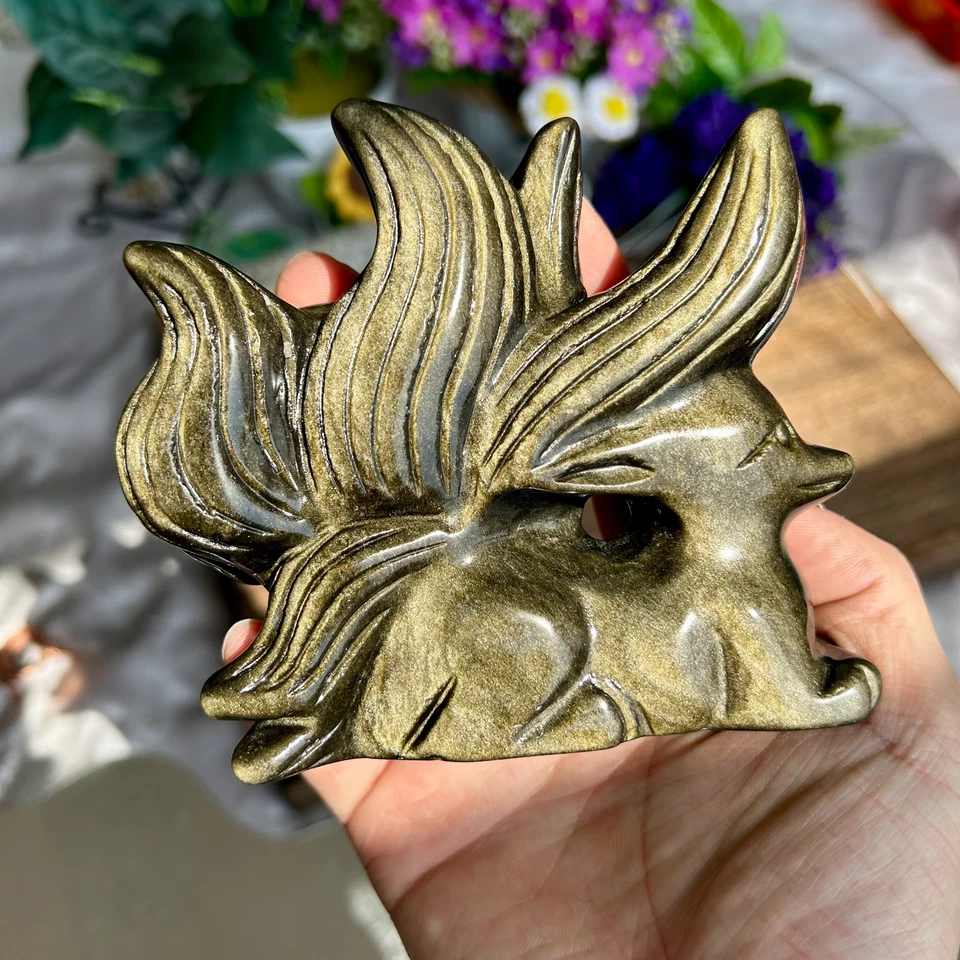 485g Natural Golden Obsidian Nine-tailed Fox Carved Quartz Crystal Skull Healing