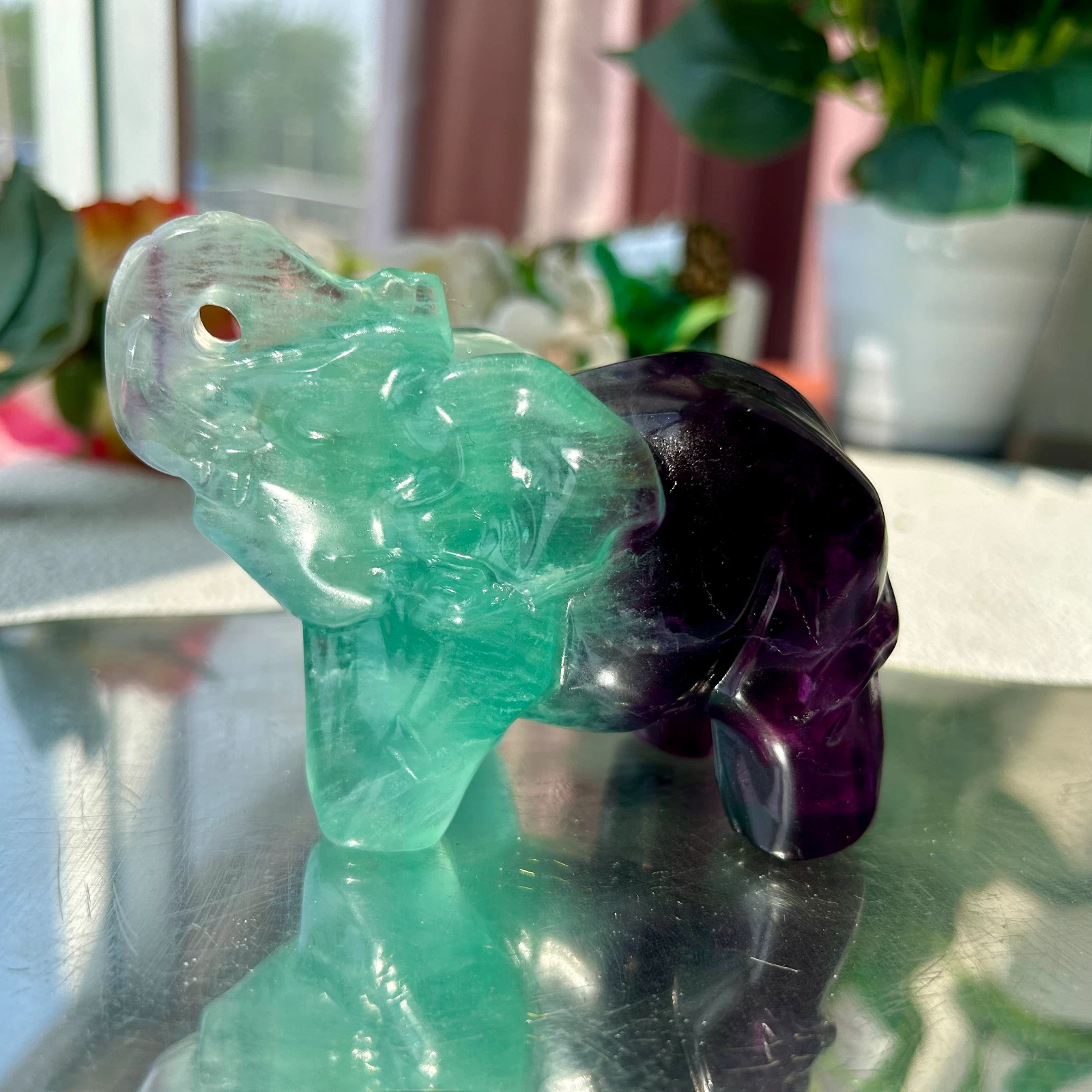 440g Natural fluorite handcarved quartz crystal elephant carving healing