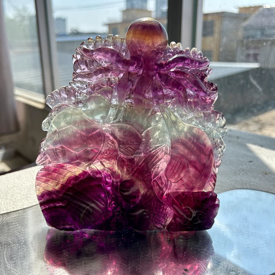 905g Natural Rainbow Handcarved fluorite Crystal animal carving Home Decor