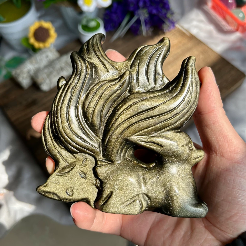 480g Natural Golden Obsidian Hand Carved Nine-tailed Fox Crystal Reiki healing