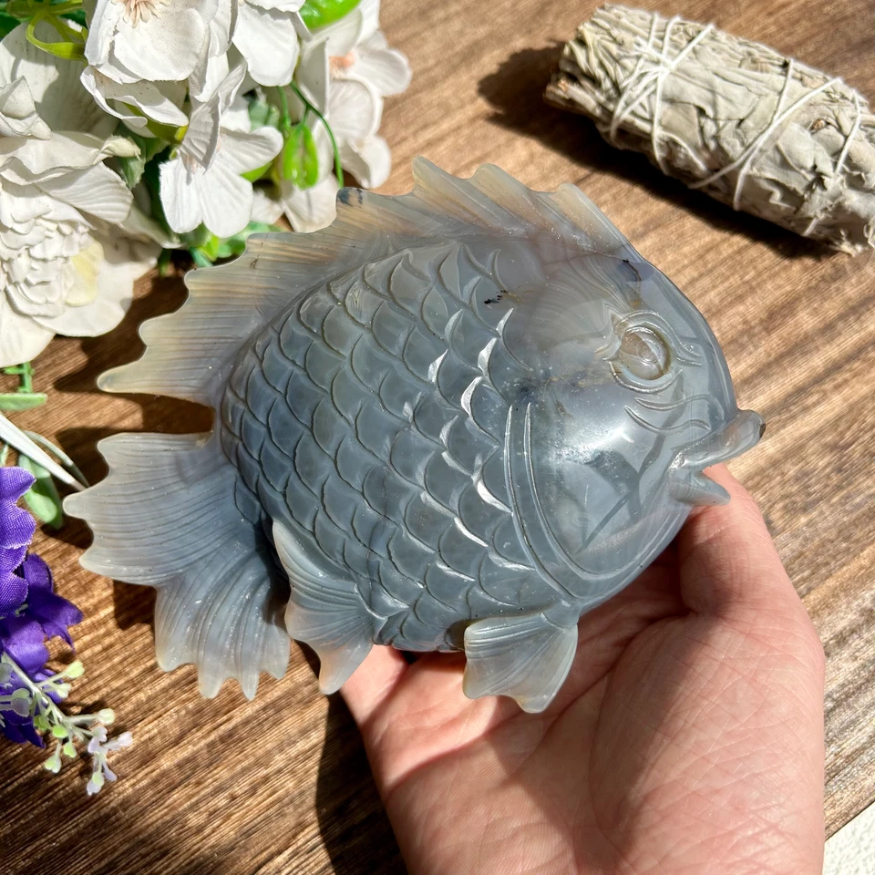 Natural Druzy Agate fish geode Hand carving Crystal Healing 760g 12cm*15cm*4cm