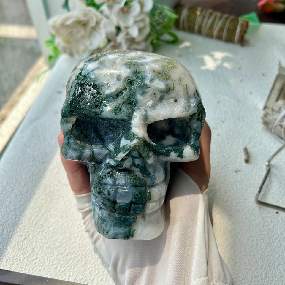 Natural Moss Agate Quartz Crystal Stone HandCarved Skull Reiki Healing 1745g