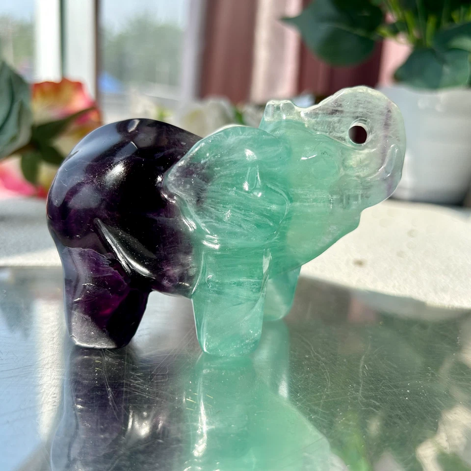 440g Natural fluorite handcarved quartz crystal elephant carving healing