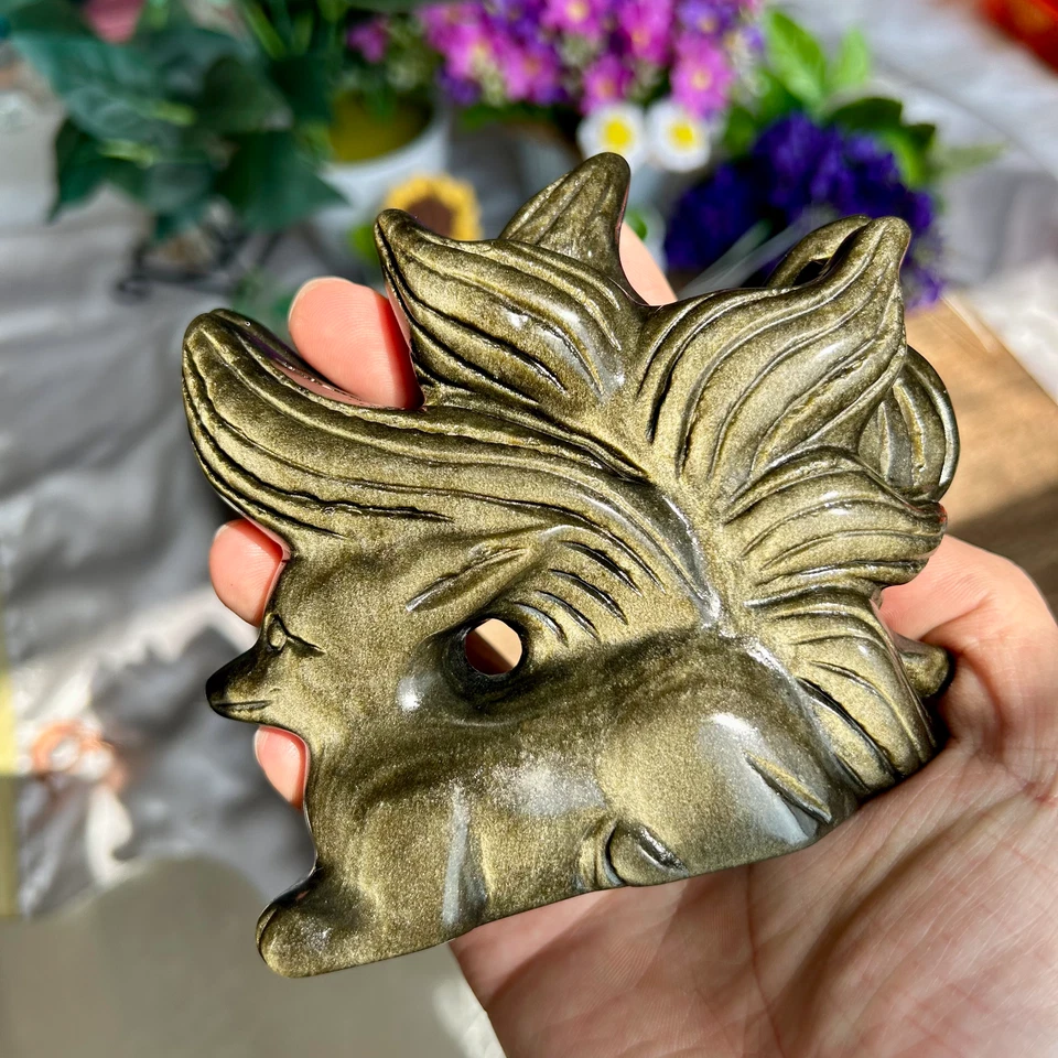 485g Natural Golden Obsidian Nine-tailed Fox Carved Quartz Crystal Skull Healing