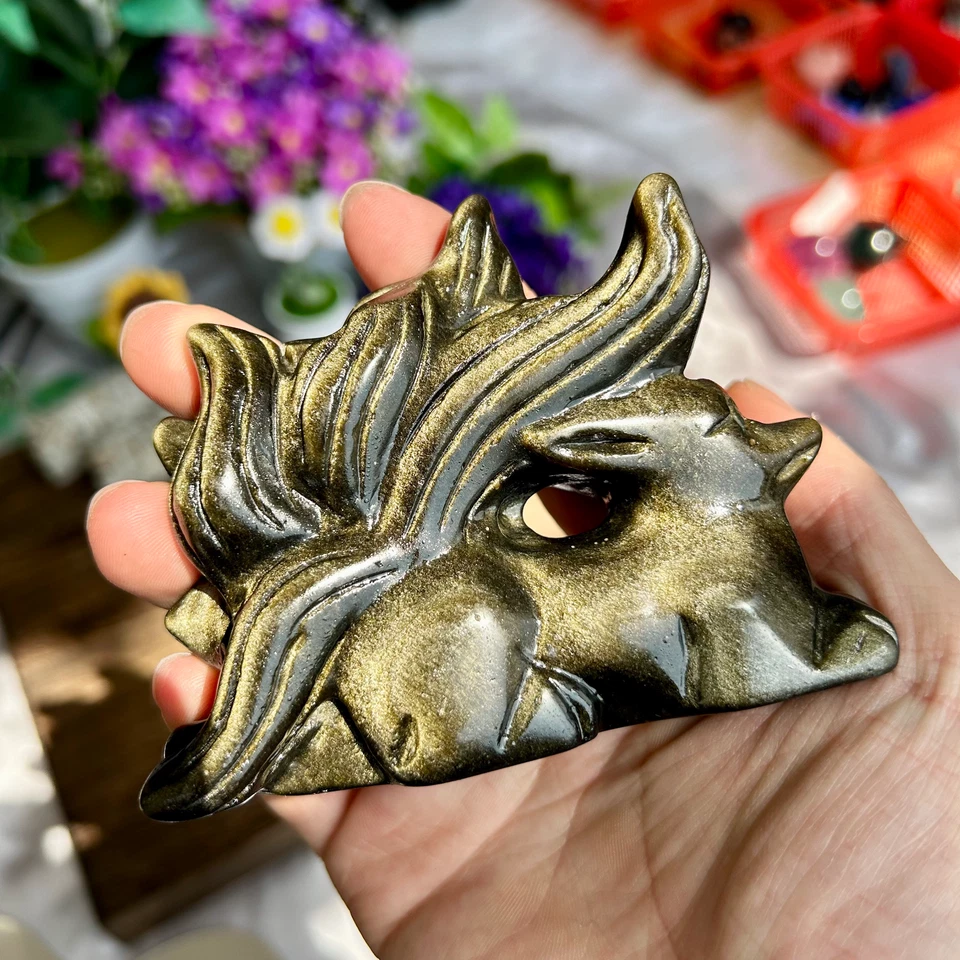 265g Natural Gold Obsidian Hand Carved Nine-tailed Fox Crystal Reiki healing 1pc
