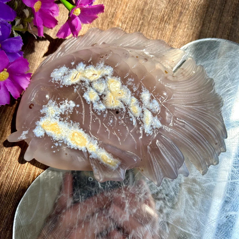 425g Natural Druzy agate geode Hand Carved Quartz crystal fish Healing Decor