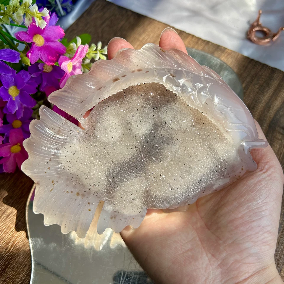 425g Natural Druzy agate geode Hand Carved Quartz crystal fish Healing Decor