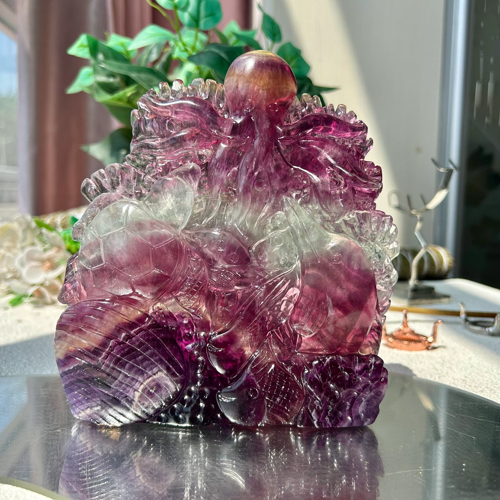 905g Natural Rainbow Handcarved fluorite Crystal animal carving Home Decor