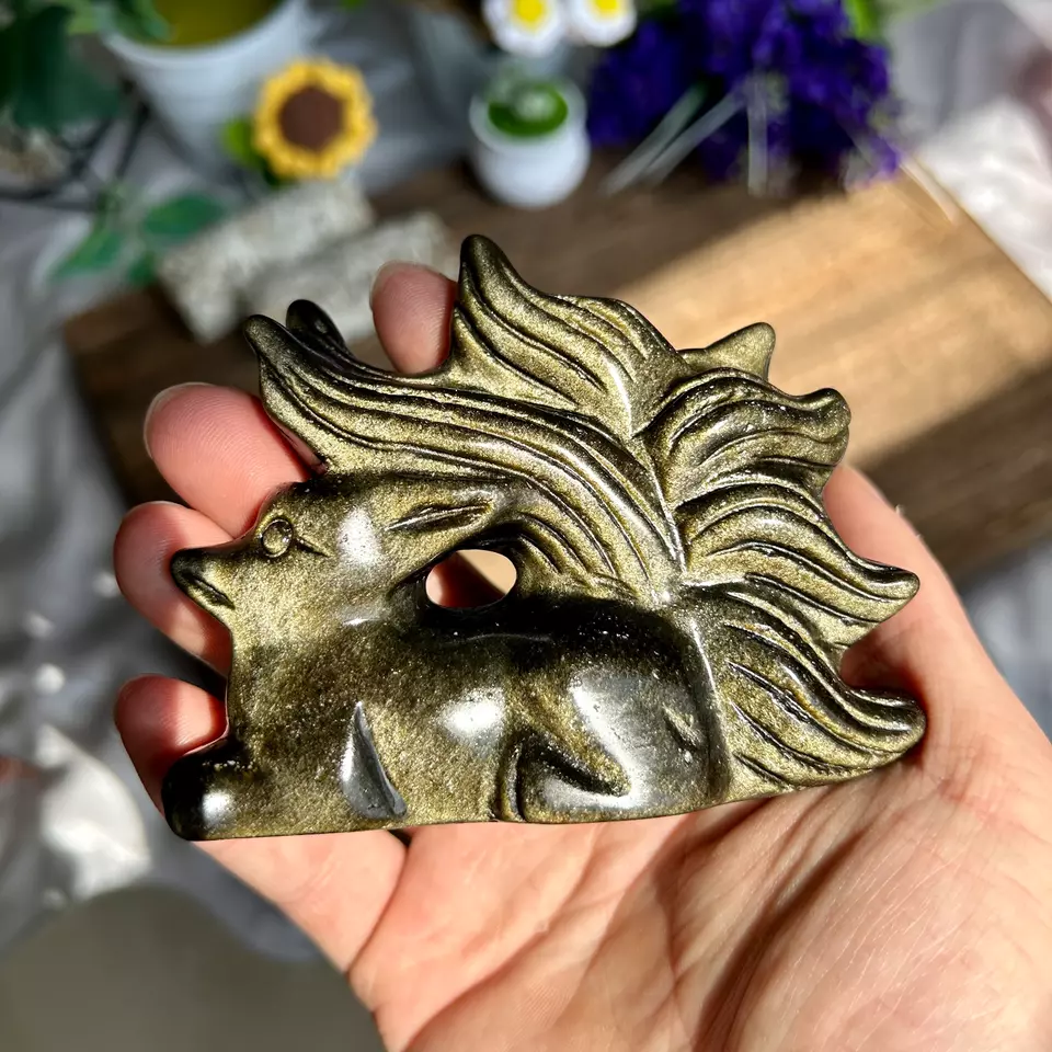 265g Natural Gold Obsidian Hand Carved Nine-tailed Fox Crystal Reiki healing 1pc