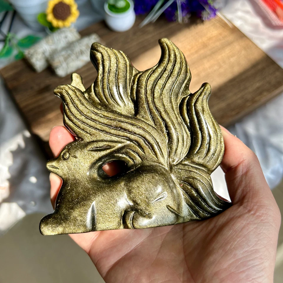 480g Natural Golden Obsidian Hand Carved Nine-tailed Fox Crystal Reiki healing