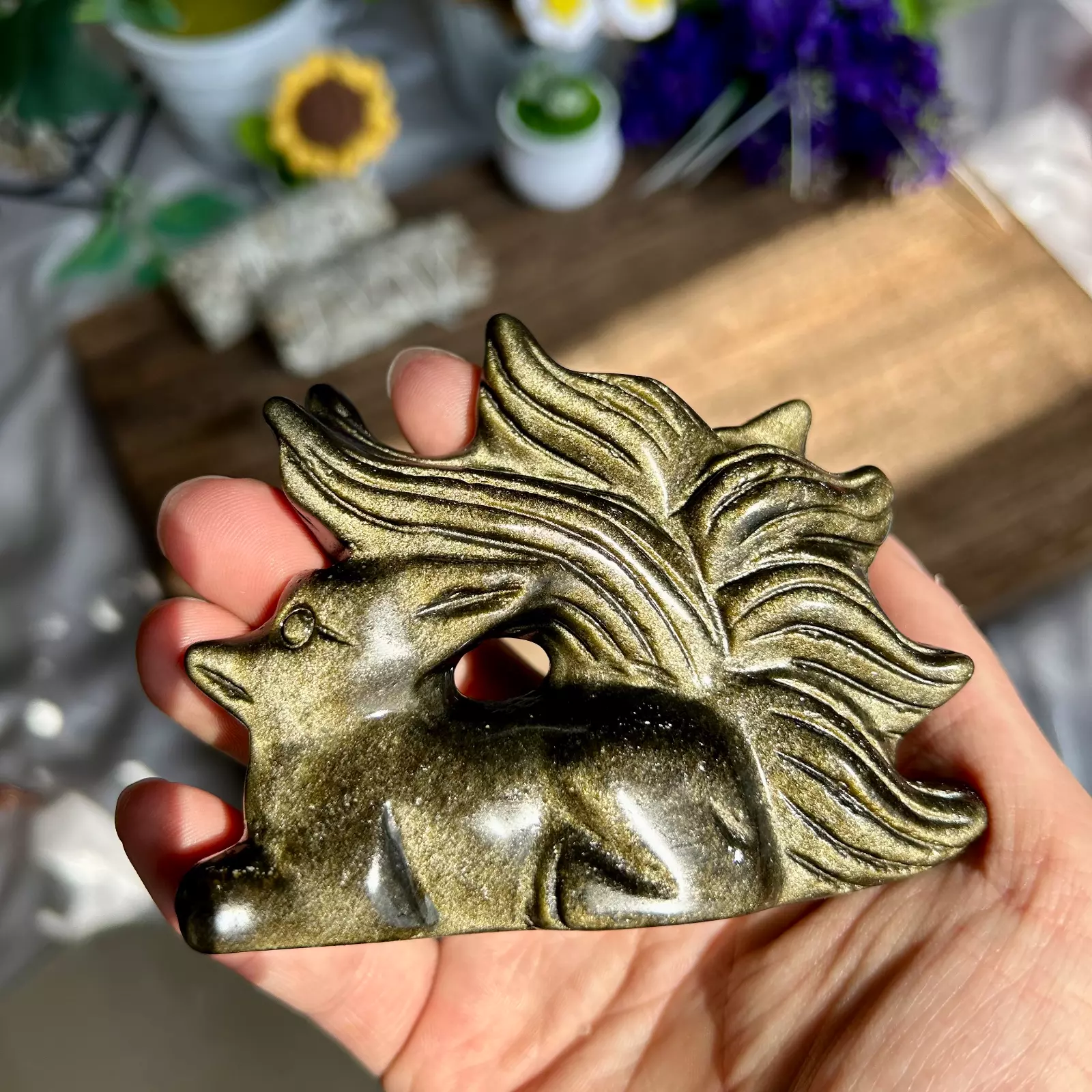 265g Natural Gold Obsidian Hand Carved Nine-tailed Fox Crystal Reiki healing 1pc