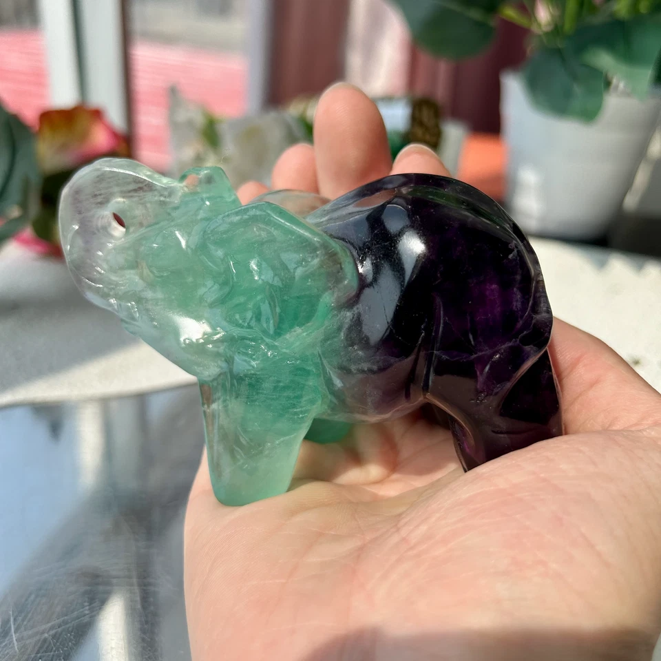 440g Natural fluorite handcarved quartz crystal elephant carving healing