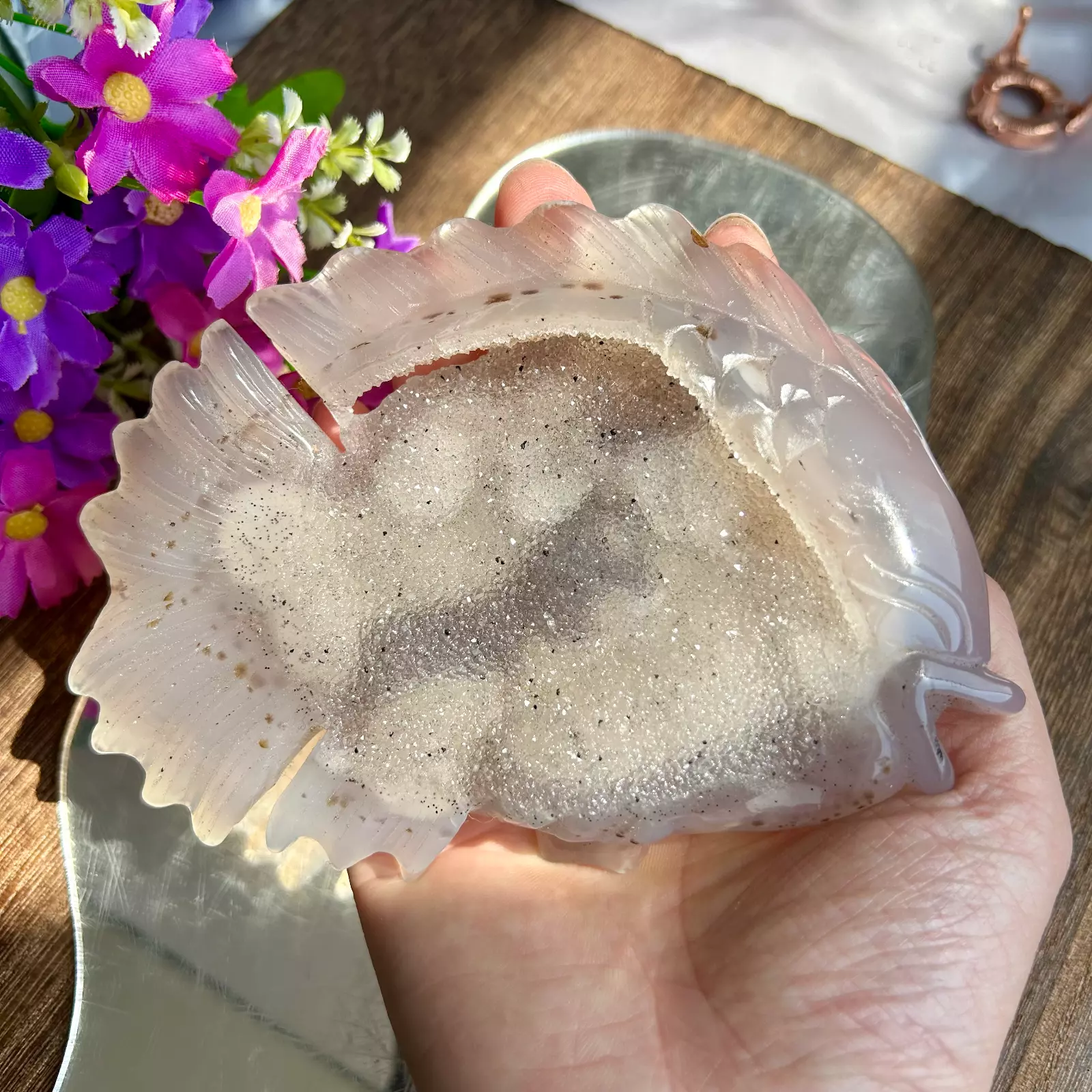 425g Natural Druzy agate geode Hand Carved Quartz crystal fish Healing Decor