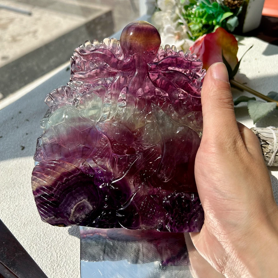 905g Natural Rainbow Handcarved fluorite Crystal animal carving Home Decor