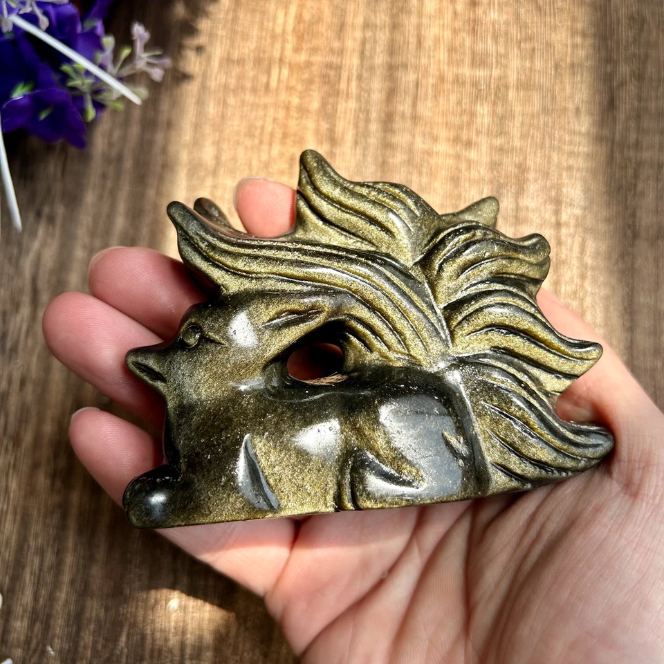 265g Natural Gold Obsidian Hand Carved Nine-tailed Fox Crystal Reiki healing 1pc