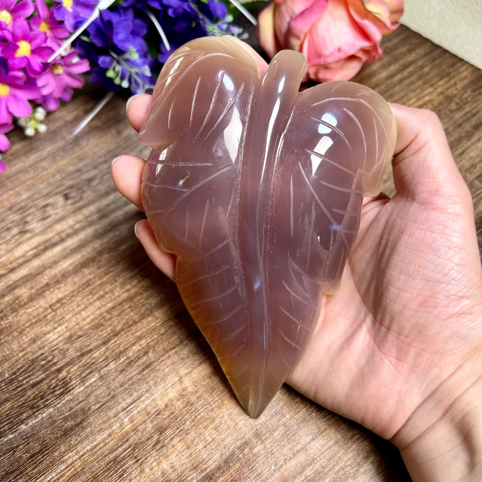 490g Natural Polished Agate Quartz Crystal Hand Carved leaf carving