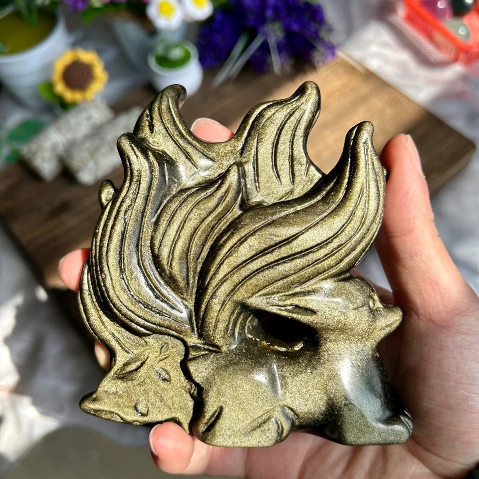 480g Natural Golden Obsidian Hand Carved Nine-tailed Fox Crystal Reiki healing