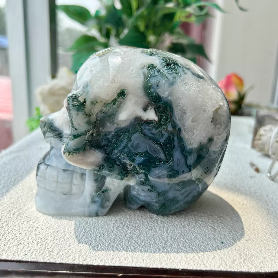 Natural Moss Agate Quartz Crystal Stone HandCarved Skull Reiki Healing 1745g