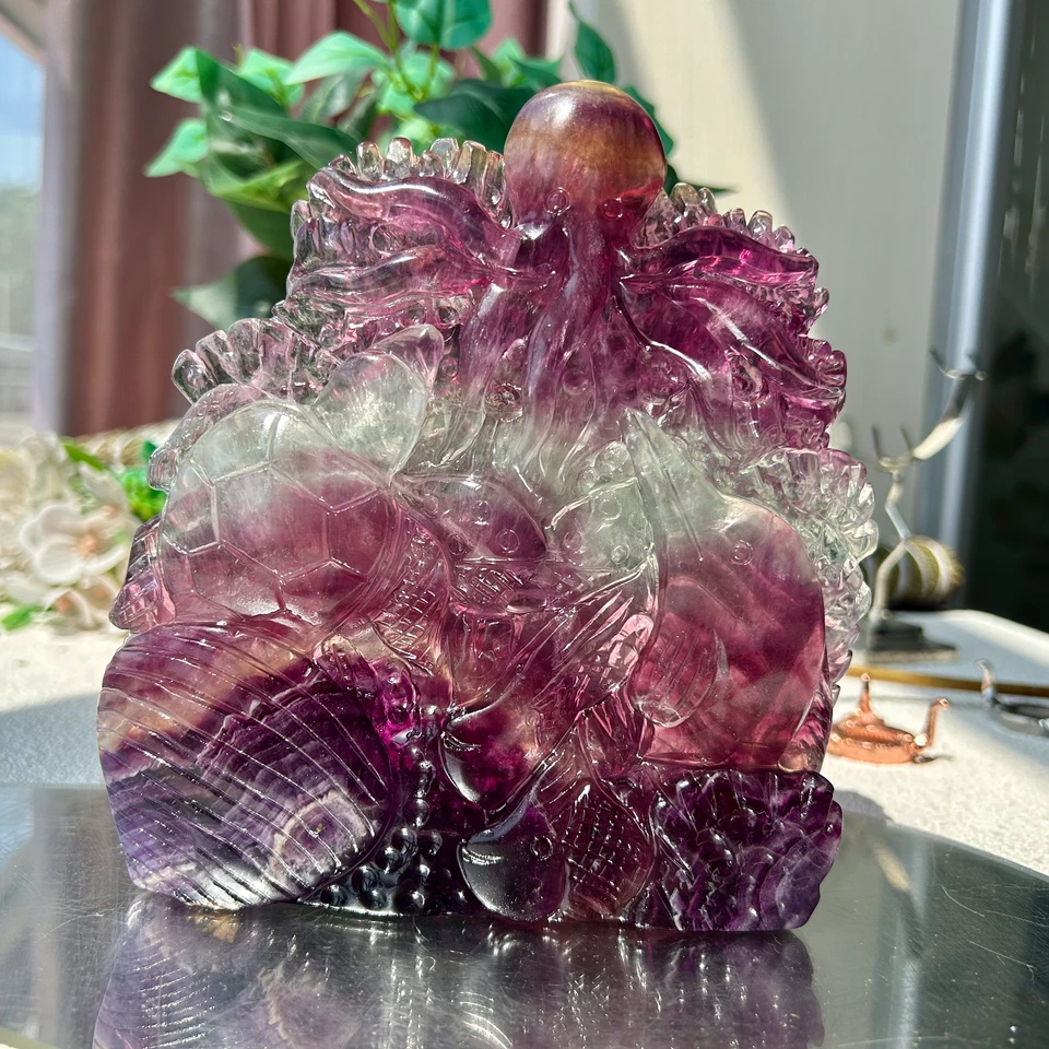 905g Natural Rainbow Handcarved fluorite Crystal animal carving Home Decor