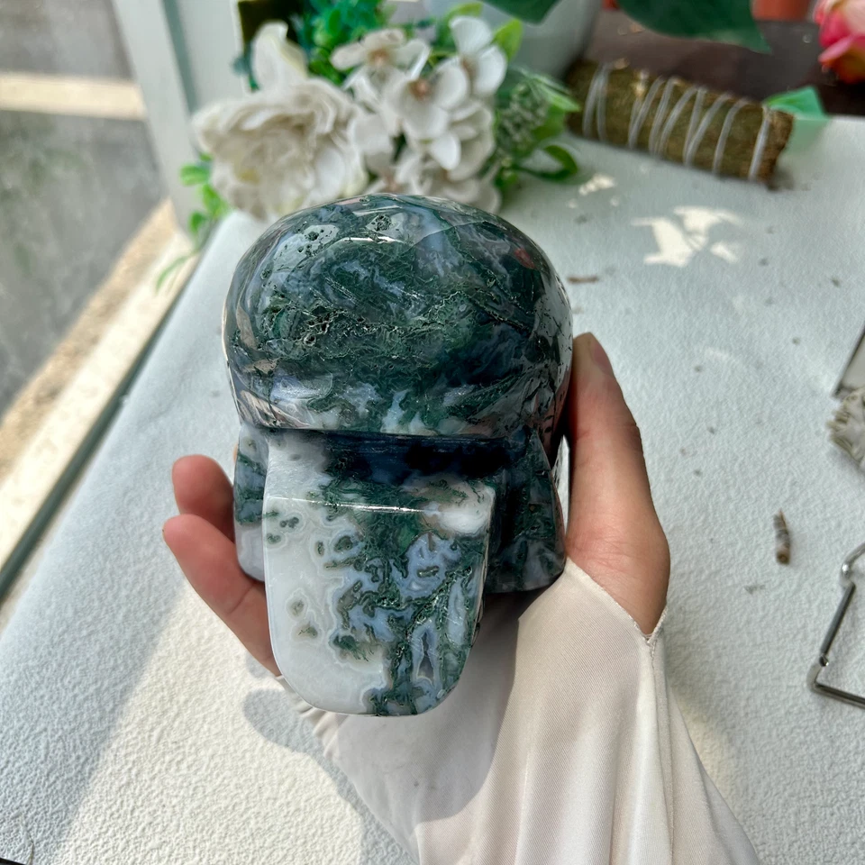 Natural Moss Agate Quartz Crystal Stone HandCarved Skull Reiki Healing 1745g
