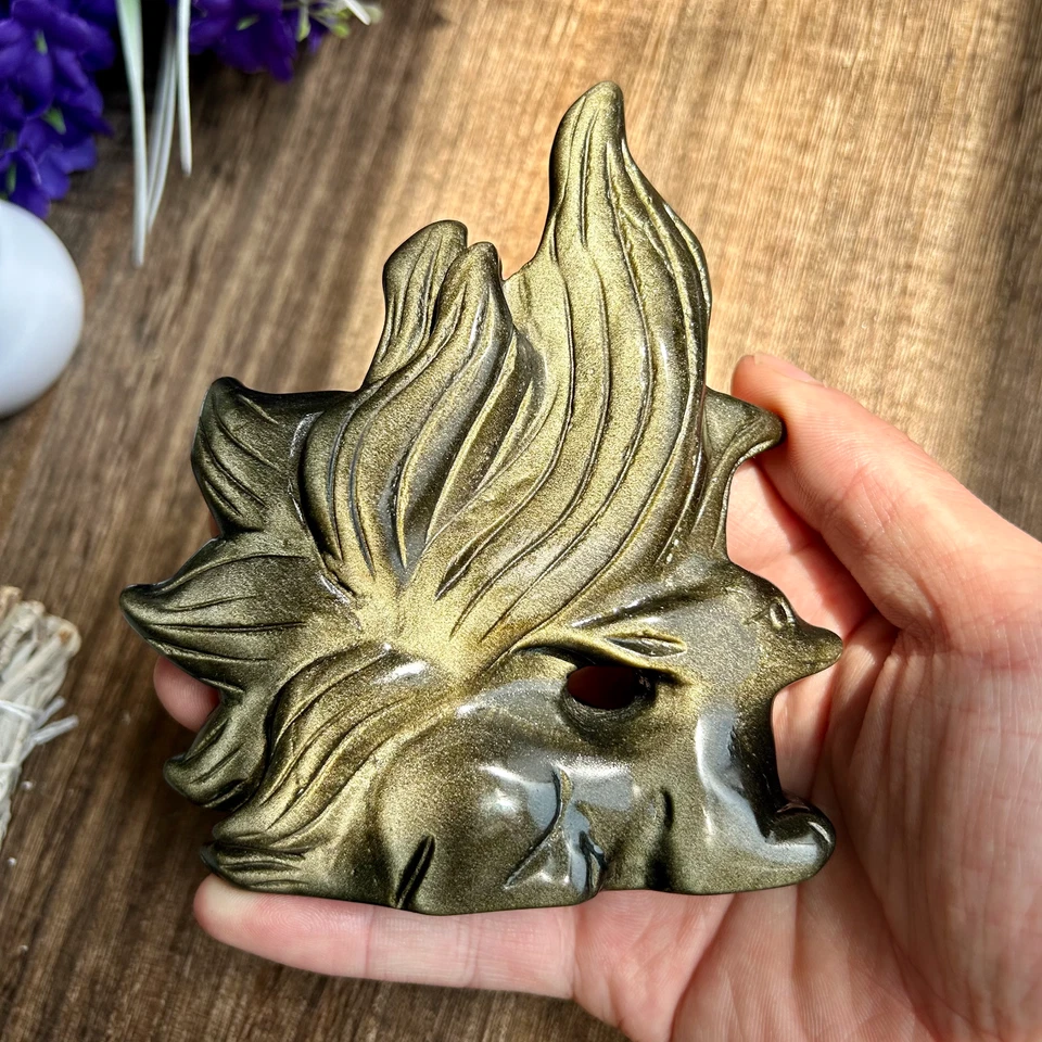 335g Natural Golden Obsidian HandCarved Nine-tailed Fox Crystal Reiki healing