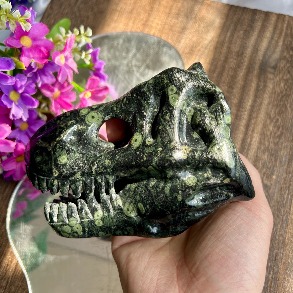 645g Natural Kambaba Jasper hand-carved dinosaur skull quartz crystal healing