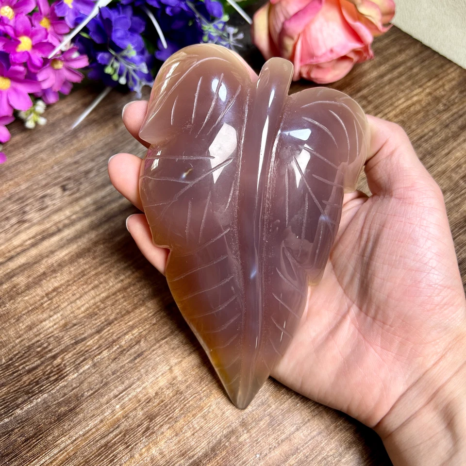 490g Natural Polished Agate Quartz Crystal Hand Carved leaf carving