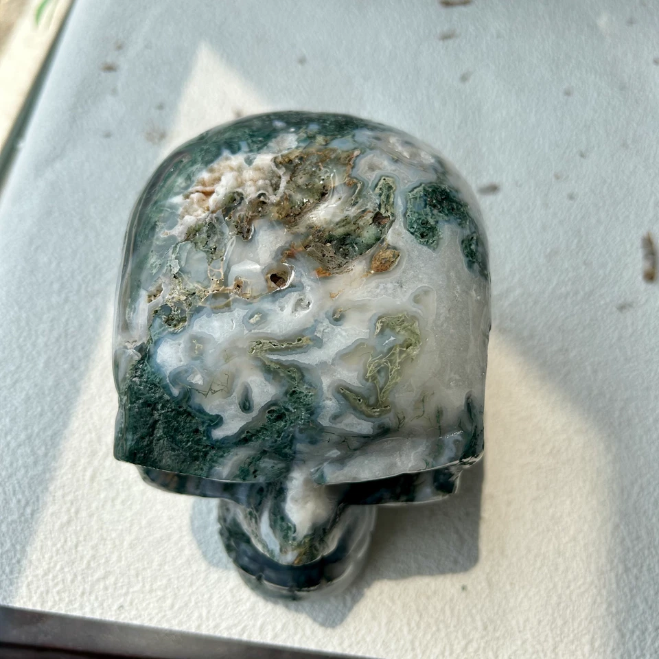 Natural Moss Agate Quartz Crystal Stone HandCarved Skull Reiki Healing 1745g