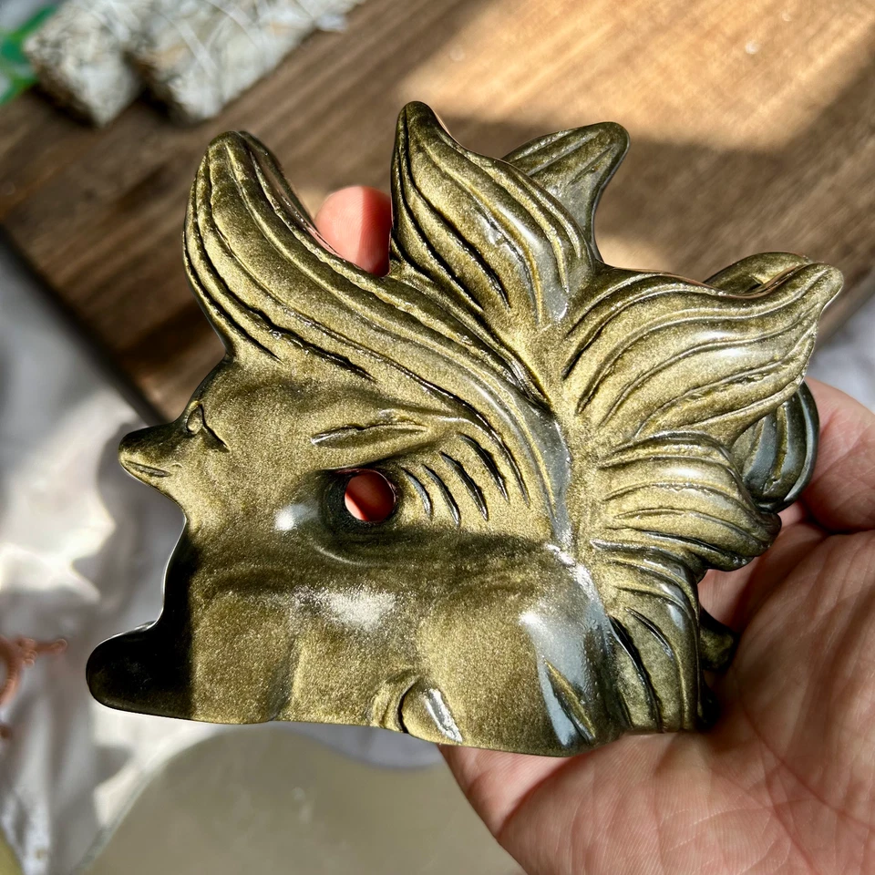 485g Natural Golden Obsidian Nine-tailed Fox Carved Quartz Crystal Skull Healing