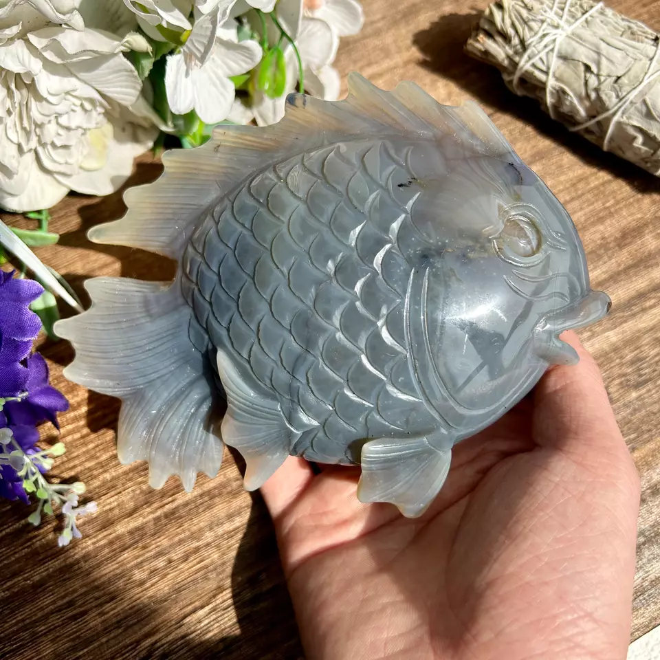 Natural Druzy Agate fish geode Hand carving Crystal Healing 760g 12cm*15cm*4cm