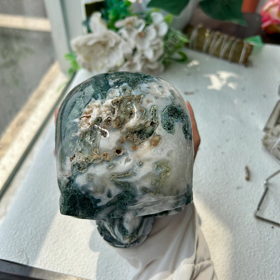 Natural Moss Agate Quartz Crystal Stone HandCarved Skull Reiki Healing 1745g