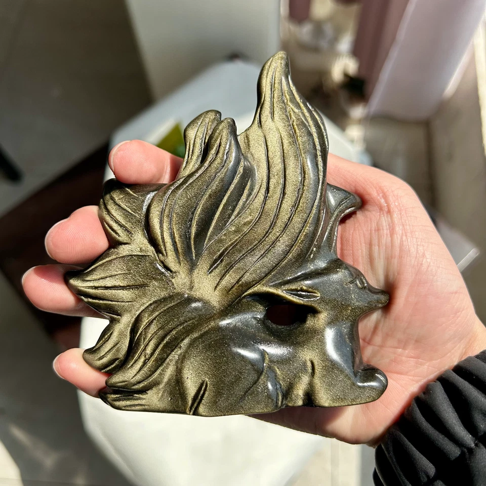 335g Natural Golden Obsidian HandCarved Nine-tailed Fox Crystal Reiki healing