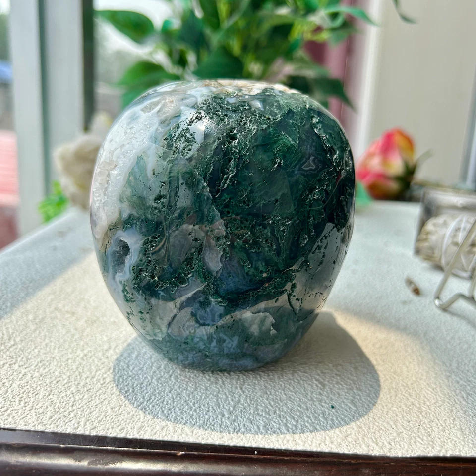 Natural Moss Agate Quartz Crystal Stone HandCarved Skull Reiki Healing 1745g