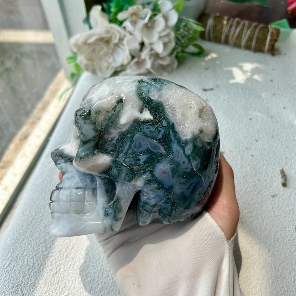 Natural Moss Agate Quartz Crystal Stone HandCarved Skull Reiki Healing 1745g
