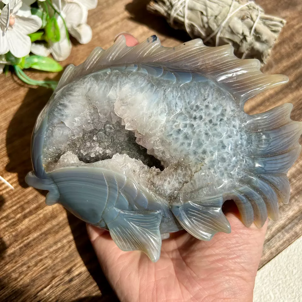 Natural Druzy Agate fish geode Hand carving Crystal Healing 760g 12cm*15cm*4cm