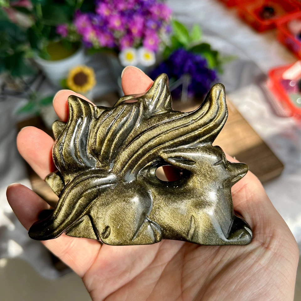 265g Natural Gold Obsidian Hand Carved Nine-tailed Fox Crystal Reiki healing 1pc