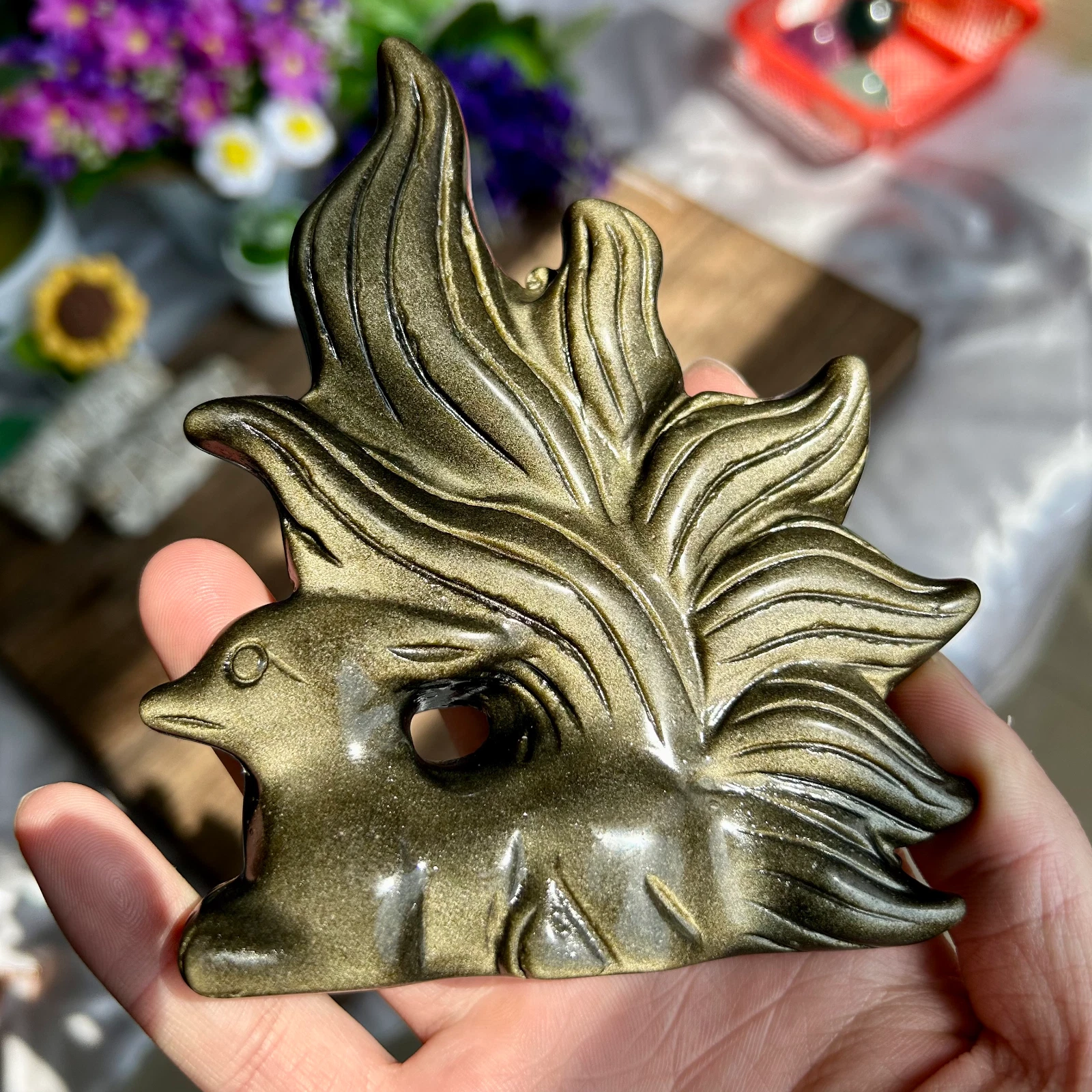 335g Natural Golden Obsidian HandCarved Nine-tailed Fox Crystal Reiki healing